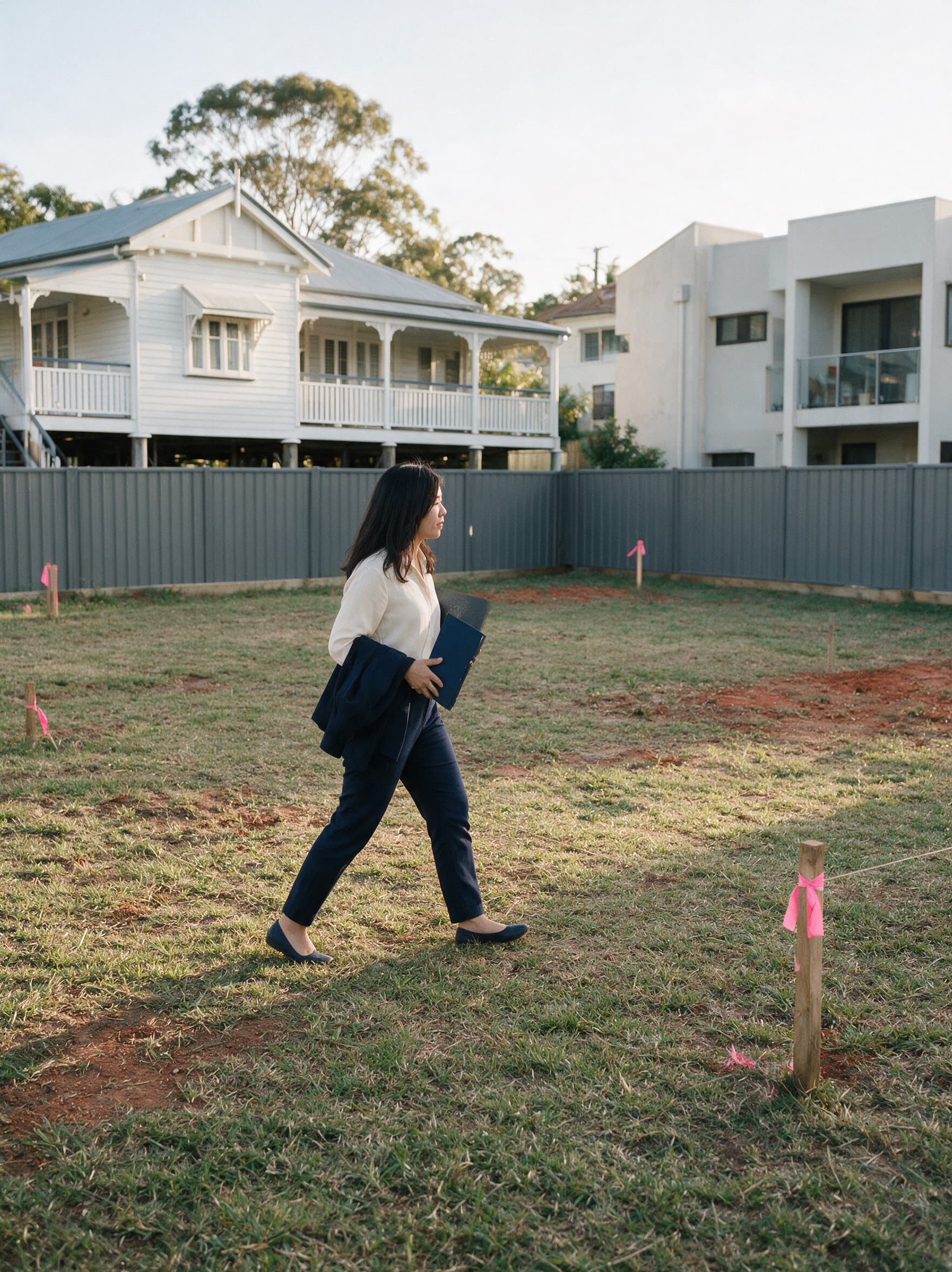 Christine walking a vacant block on site, a folder in her hand